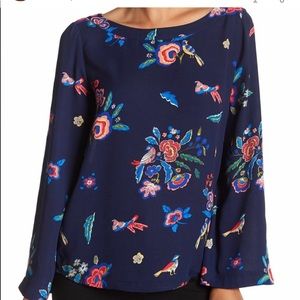 Blue Floral Bird Print Blouse